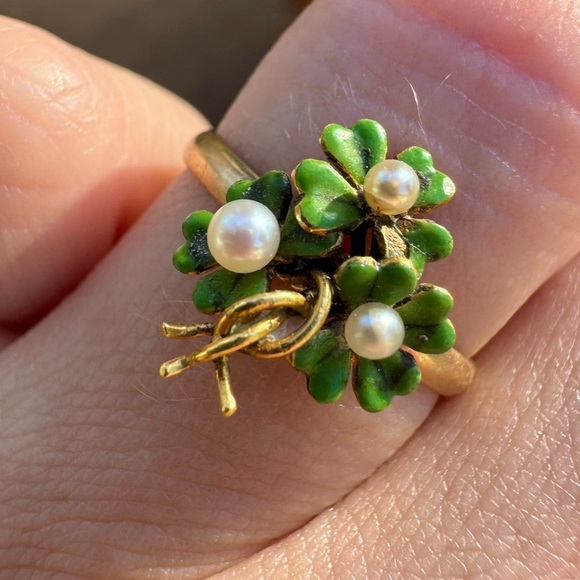 Rare!! Antique solid 10k  pin conversion  4 leaf clover genuine seed pearl ring - Picture 2 of 16